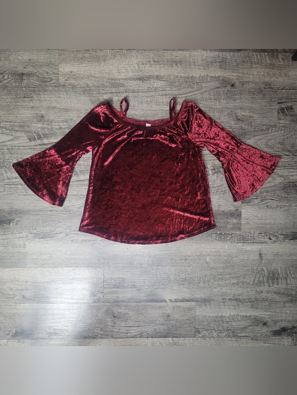 Burgundy Crushed Velvet Off The Shoulder Bell Sleeve Peasant Ren Fest Blouse